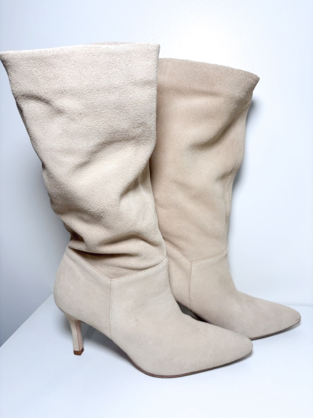 Raye Revolve Perla Nude Beige Suede Leather Heeled Slouchy Mid Calf Boots 7.5 - Picture 5 of 8